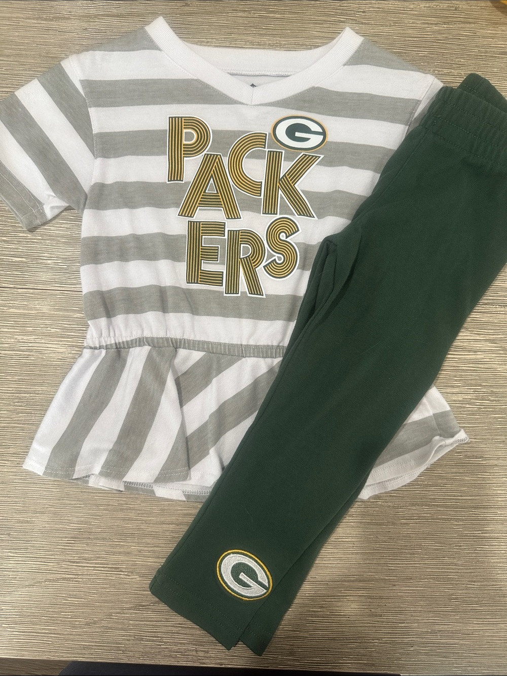 NFL Green Bay Packers Girls White & Gray Striped Top with Green Pants